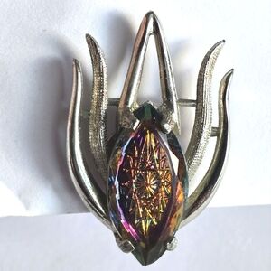 Vintage Elizabeth Morrey brooch flame iridescent glass fire floral silver tone